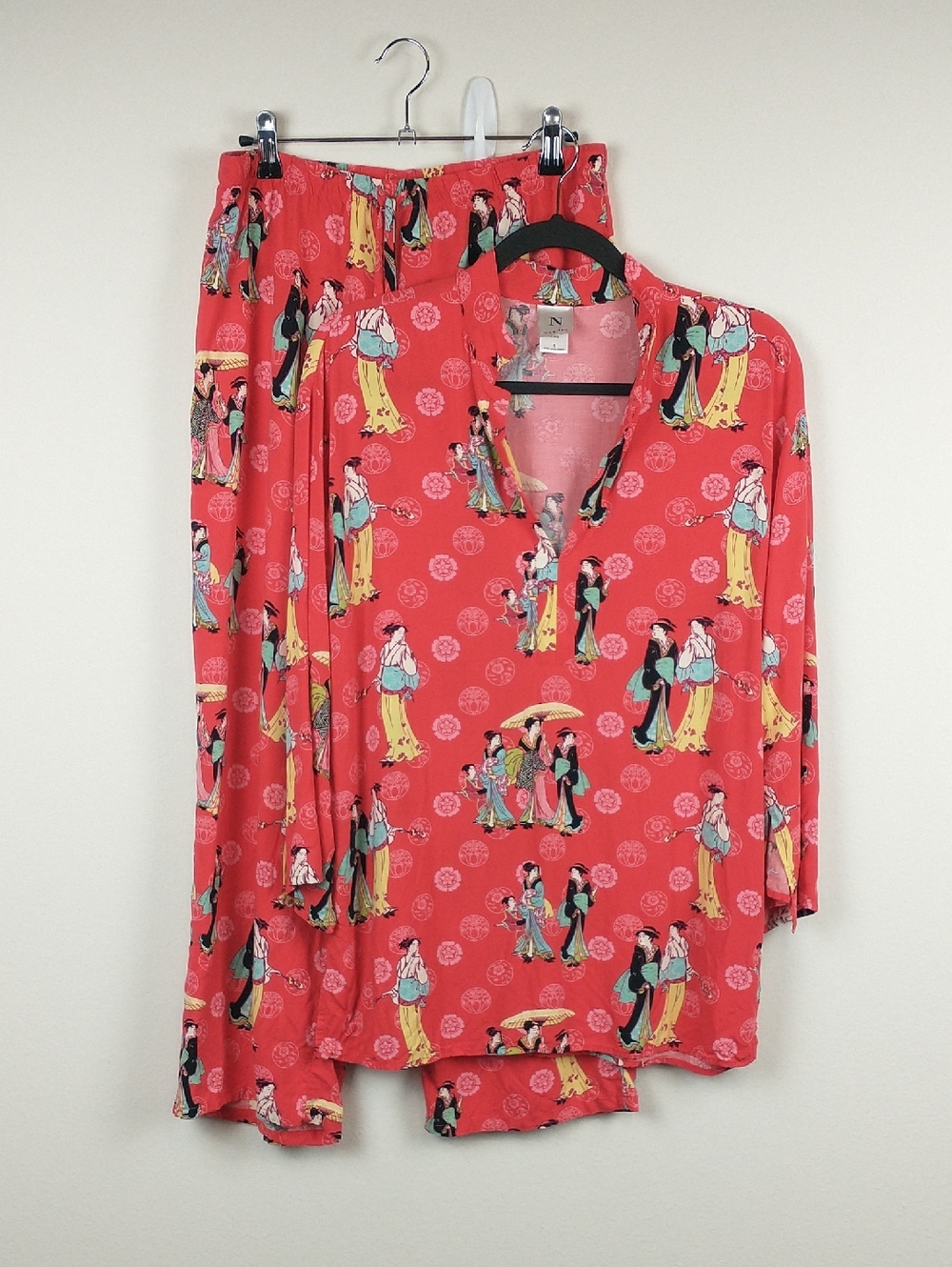 Natori Asian Print Novelty Pajama Set Womens Small Red Top Pants Geisha